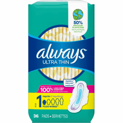 Always Ultra Thin Pads With Wings, Size 1, Regular, 36 Pads Per Pack, Case Of 6 Packs