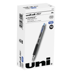uni-ball® 207™ Retractable Fraud Prevention Gel Pens, Medium Point, 0.7 mm, Black Barrels, Blue Ink, Pack Of 12