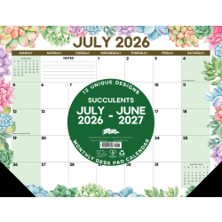 2026-2027 Willow Creek Press Academic Monthly Desk Pad Calendar, 17" x 22", Succulents, July To June, Total Qty 1