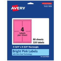 Avery® Print-To-The-Edge Labels With Sure Feed® Technology And Easy Peel® Label Feature, 94254-BPP80, Rectangle, 4-3/4" x 3-3/4", Matte Bright Pink, Pack of 320