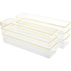 Martha Stewart Kerry Plastic Stackable Office Desk Drawer Organizers, 2"H x 3"W x 12"D, Clear/Gold Trim, Pack Of 6 Organizers