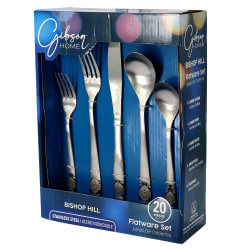 Gibson Home Bishop Hill 20-Piece Stainless Steel Floral Flatware Set, Matte Silver