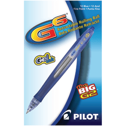 Pilot® G-6 Retractable Gel Ink Rollerball Pens, Fine Point, 0.7 mm, Blue Barrel, Blue Ink, Pack Of 12