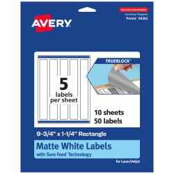 Avery® Print-To-The-Edge TrueBlock® Labels With Sure Feed®, 94262-TWMP10, Rectangle, 9-3/4" x 1-1/4", Matte White, Pack Of 50