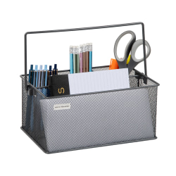 Mind Reader Network Collection 4-Compartment Utensil or Supply Caddy with Handle, 4-3/4"H x 7"W x 10"L, Grey