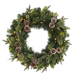 Nearly Natural 24"H Snowed Pine Cone Artificial Christmas Wreath With 35 LED Lights, 24" x 5", Green