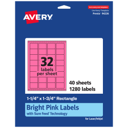 Avery® Printable Labels With Sure Feed® Technology, 94226-BPP40, Rectangle, 1-1/4" x 1-3/4", Matte Bright Pink, Pack of 1280