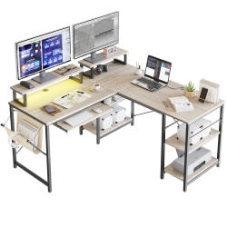 Bestier L-Shaped Corner Computer Desk With Storage Shelf, Monitor Stands, Side Pocket And Tray, 60"W, White