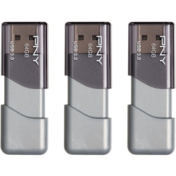 PNY Turbo Attaché 3 USB 3.0 Flash Drive, 64 GB, Silver, Pack Of 3