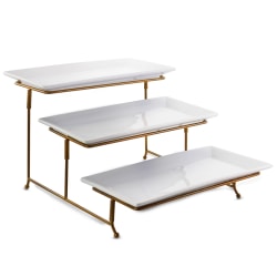 Gibson Elite Gracious Dining 3-Tiered Rectangle Porcelain Plate Set With Gold Metal Stand, 10"H x 13"W x 17"D, White/Gold