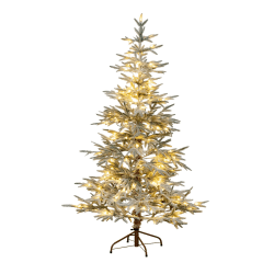 Nearly Natural 6’H Pre-Lit Artificial Flocked Woodland Fir Christmas Tree With 150 Warm White LED Lights, 72"H x 36"W x 36"D, Green