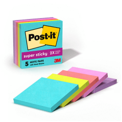 Post-it Super Sticky Notes, 3 in x 3 in, 5 Pads, 90 Sheets/Pad, 2x the Sticking Power, Supernova Neons Collection