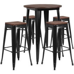 Flash Furniture Round Metal Bar Table Set With 4 Backless Stools, 42"H x 30"W x 30"D, Black