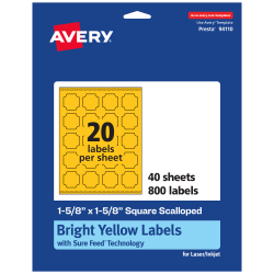 Avery® Print-To-The-Edge Labels With Sure Feed® Technology, 94110-BYP40, Square Scalloped, 1-5/8" x 1-5/8", Matte Bright Yellow, Pack of 800