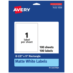 Avery® Permanent Labels, 94269-WMP100, Rectangle, 8-1/2" x 11", White, Pack Of 100