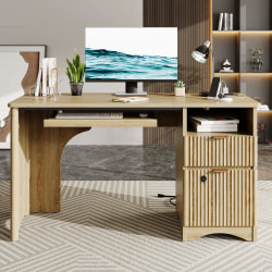 Bestier Executive Office Desk with Fingerprint Security and Power Outlet, Computer Desk with Drawer and Keyboard Tray,Natural Oak