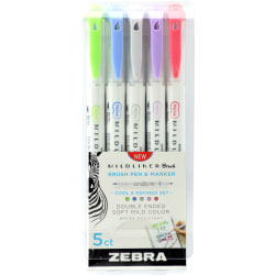 Zebra® Pen MILDLINER™ Double-Ended Creative Markers, Pack Of 5, Brush/Fine Point, Assorted Ink Colors