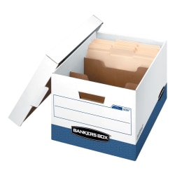 Bankers Box R Kive® DividerBox™ Heavy-Duty FastFold® File Storage Boxes With Locking Lift-Off Lids And Built-In Handles, Letter/Legal Size,  10"H x 12“W x 15"D, 60% Recycled, White/Blue, Case Of 12