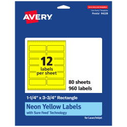 Avery® Print-To-The-Edge Labels With Sure Feed® Technology And Easy Peel®, 94228-NYP80, Rectangle, 1-1/4" x 3-3/4", Matte Neon Yellow, Pack of 960