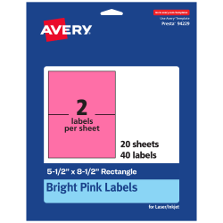 Avery® Printable Labels, 94229-BPP20, Rectangle, 5-1/2" x 8-1/2", Matte Bright Pink, Pack of 40