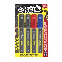 Sharpie® PRO Permanent Markers, Fine Point, Black/Gray Barrel, Assorted Ink Colors, Pack Of 4