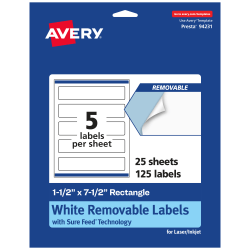 Avery® Removable Labels With Sure Feed®, 94231-RMP25, Rectangle, 1-1/2" x 7-1/2", White, Pack Of 125 Labels