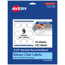 Avery® Glossy Permanent Labels With Sure Feed®, 94516-CGF25, Round Scalloped, 2-1/2" Diameter, Clear, Pack Of 225