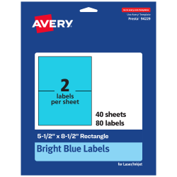 Avery® Printable Labels, 94229-BBP40, Rectangle, 5-1/2" x 8-1/2", Matte Bright Blue, Pack of 80