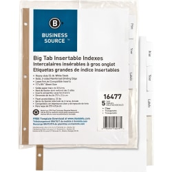 Business Source Tear-resistant Clear Tab Index Dividers - 5x Divider(s) - 5 Tab(s)/Set - 8.5" Dividerx 11" Divider - 16477