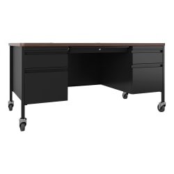 Lorell® Fortress 60"W Double-Pedestal Mobile Teacher's Computer Desk, Black/Walnut