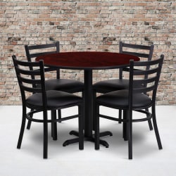 Flash Furniture Round Laminate Table Set With X-Base And 4 Ladder-Back Metal Chairs, 30"H x 36"W x 36"D, Mahogany/Black