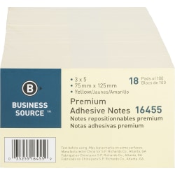 Business Source Repositionable Notes - 3" Flag/Notex 5" Flag/Note - Rectangle - Yellow - Repositionable, Solvent-free Adhesive - 18 / Pack - 16455