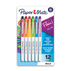 Paper Mate® Flair Porous Point Bold Tip Pens, 1.2 mm, White Barrel, Assorted Ink Colors, Pack Of 12 Pens