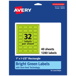 Avery® Print-To-The-Edge Labels With Sure Feed® Technology And Easy Peel® Label Feature, 94219-BGP40, Rectangle, 1" x 1-1/2", Matte Bright Green, Pack of 1280