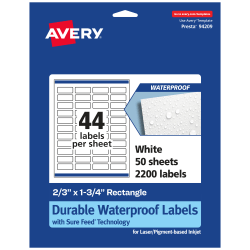 Avery® Waterproof Permanent Labels With Sure Feed®, 94209-WMF50, Rectangle, 2/3" x 1-3/4", White, Pack Of 2,200