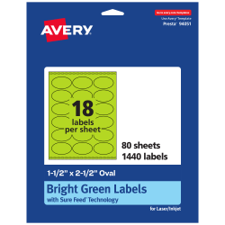 Avery® Printable Labels With Sure Feed® Technology, 94051-BGP80, Oval, 1-1/2" x 2-1/2", Matte Bright Green, Pack of 1440