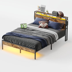 Bestier Metal Frame Platform Bed with Charge Station, Storage Headboard and LED Lights, Queen Size, Rustic Brown