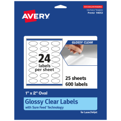 Avery® Glossy Permanent Labels With Sure Feed®, 94053-CGF25, Oval, 1" x 2", Clear, Pack Of 600