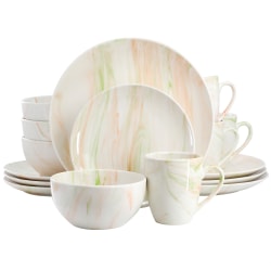 Elama Fine Marble 16-Piece Porcelain Dinnerware Set, Orange/Green