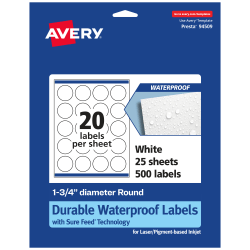 Avery® Waterproof Permanent Labels With Sure Feed®, 94509-WMF25, Round, 1-3/4" Diameter, White, Pack Of 500