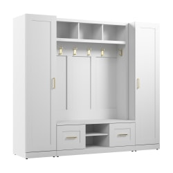 Bush Furniture Hampton Heights Full Entryway Storage Set With Hall Tree, Shoe Bench With Doors And Narrow Cabinets, White, Standard Delivery