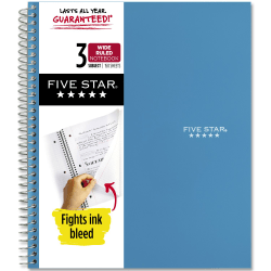 Five Star® Wirebound Notebook, 8" x 10-1/2", 3 Subject, Wide Ruled, 150 Sheets, Tidewater Blue