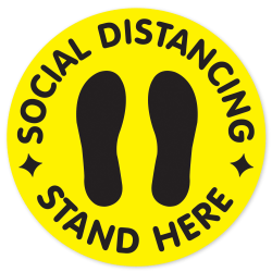 COSCO Social Distancing Stand Here Circular Floor Decals, 12", Yellow, Pack Of 2 Decals