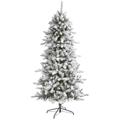 Nearly Natural Flocked Livingston Fir 72"H Artificial Christmas Tree With Pine Cones And Bendable Branches, 72"H x 38"W x 38"D, Green