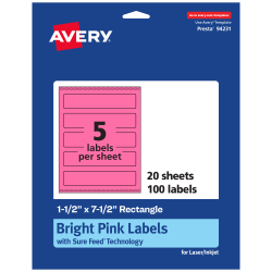 Avery® Print-To-The-Edge Labels With Sure Feed® Technology, 94231-BPP20, Rectangle, 1-1/2" x 7-1/2", Matte Bright Pink, Pack of 100
