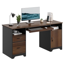 Bestier 59"W Executive Computer Desk With Open Storage & Cabinet, Cherry