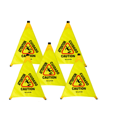 Alpine Industries Multilingual Pop-Up Wet Floor Signs, 32-7/8" x 3", Yellow, Pack Of 5 Signs