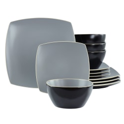 Hometrends Soho Lounge 12-Piece Square Stoneware Dinnerware Set, Gray/Black