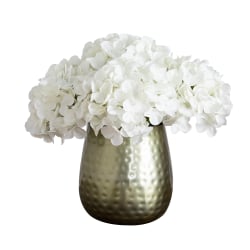 Nearly Natural 11"H Artificial Hydrangea Arrangement With Gold Metal Vase, 11"H x 10"W x 10"D, White