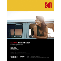 Kodak Glossy Photo Paper - Letter - 8 1/2" x 11" - Glossy - 100 / Pack - Smear Proof, Smudge Proof - White